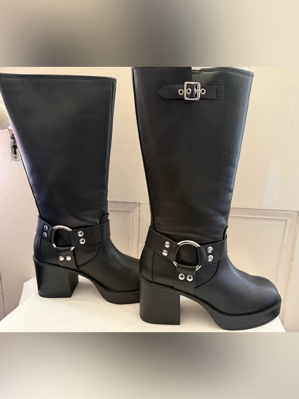 Madden Girl Black Ring Harness Knee-High Heeled Boots